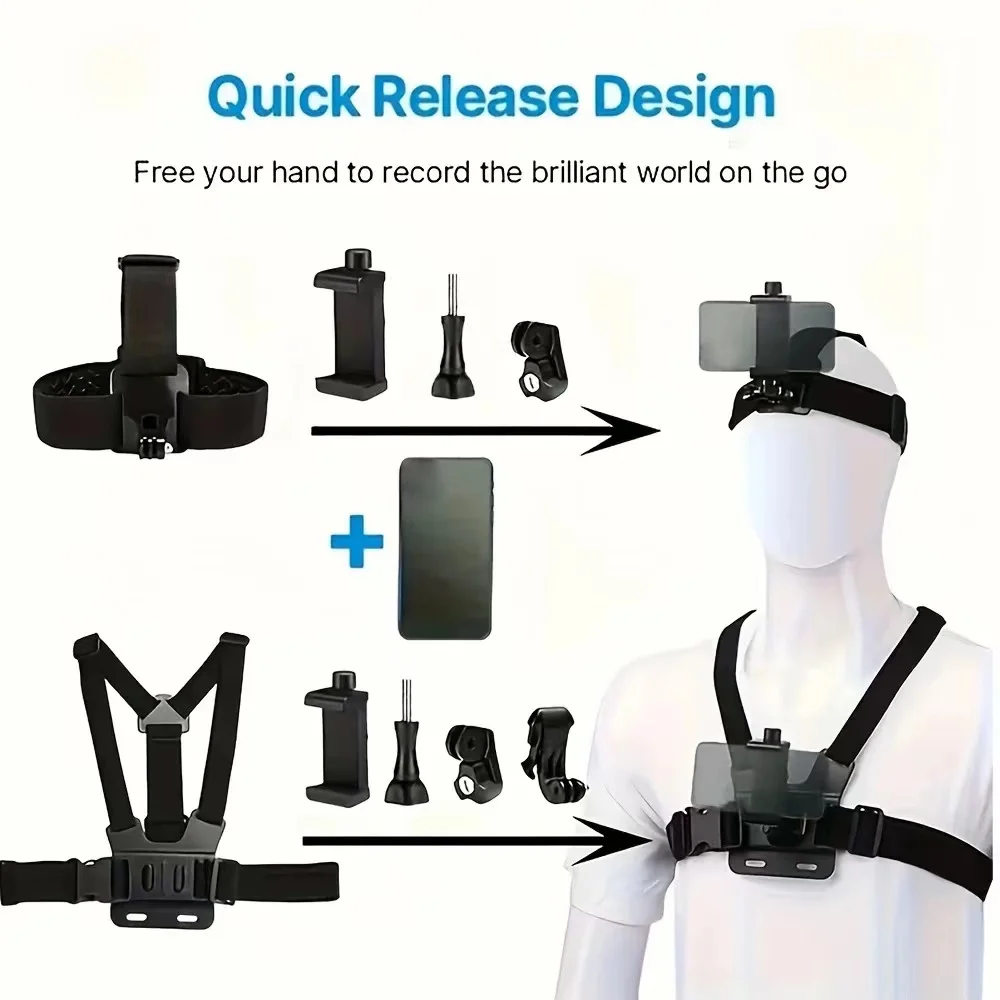 Universal Action Camera Kit Head Strap Chest Strap  Mount Adjustable For GoPro Phone Holder Video Shooting Smartphone Support