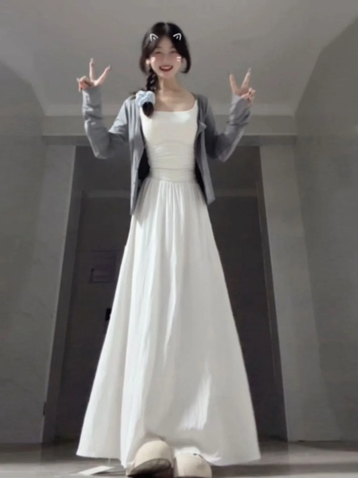 

Chic Korean Style Spring Outfit Three-Piece Set with Open Cardigan Strap Top Half-Skirt Unique Beautiful Quality Cotton Long ...