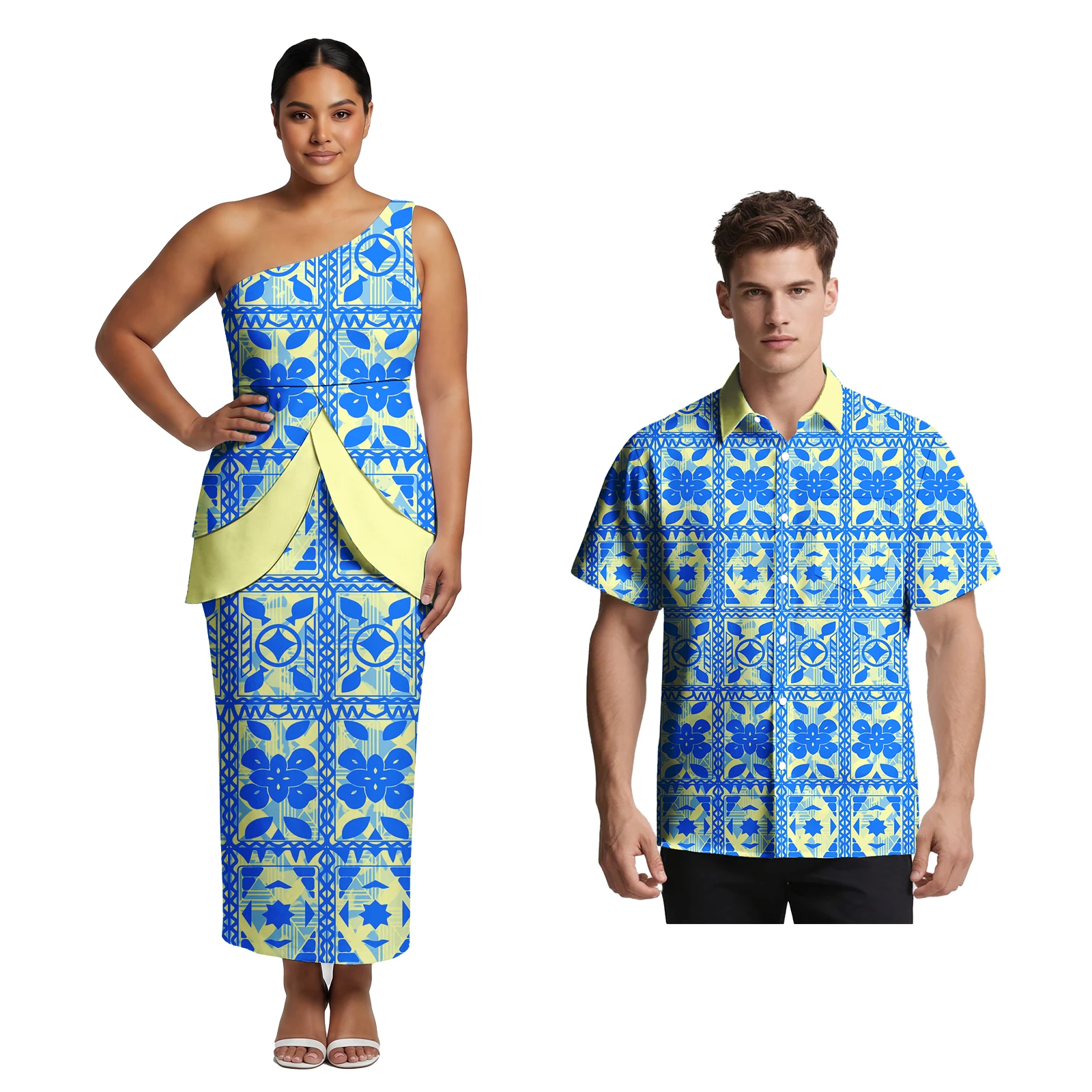 

Lover's Clothes Custom Samoan Style Low MOQ Men Beach Shirts Polynesia Women Off Shoulder Puletasi Suit Hawaiian Couple Outfits