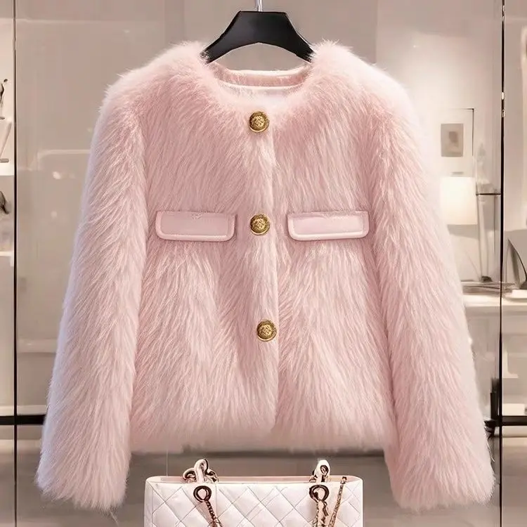 เสื้อโค้ทขนแกะสีชมพูน่ารักมีสไตล์สําหรับผู้หญิงในฤดูหนาวปี 2024 หนาด้วยกลิ่นหอมขนาดเล็กและแจ็คเก็ตผ้าฝ้ายที่อบอุ่น