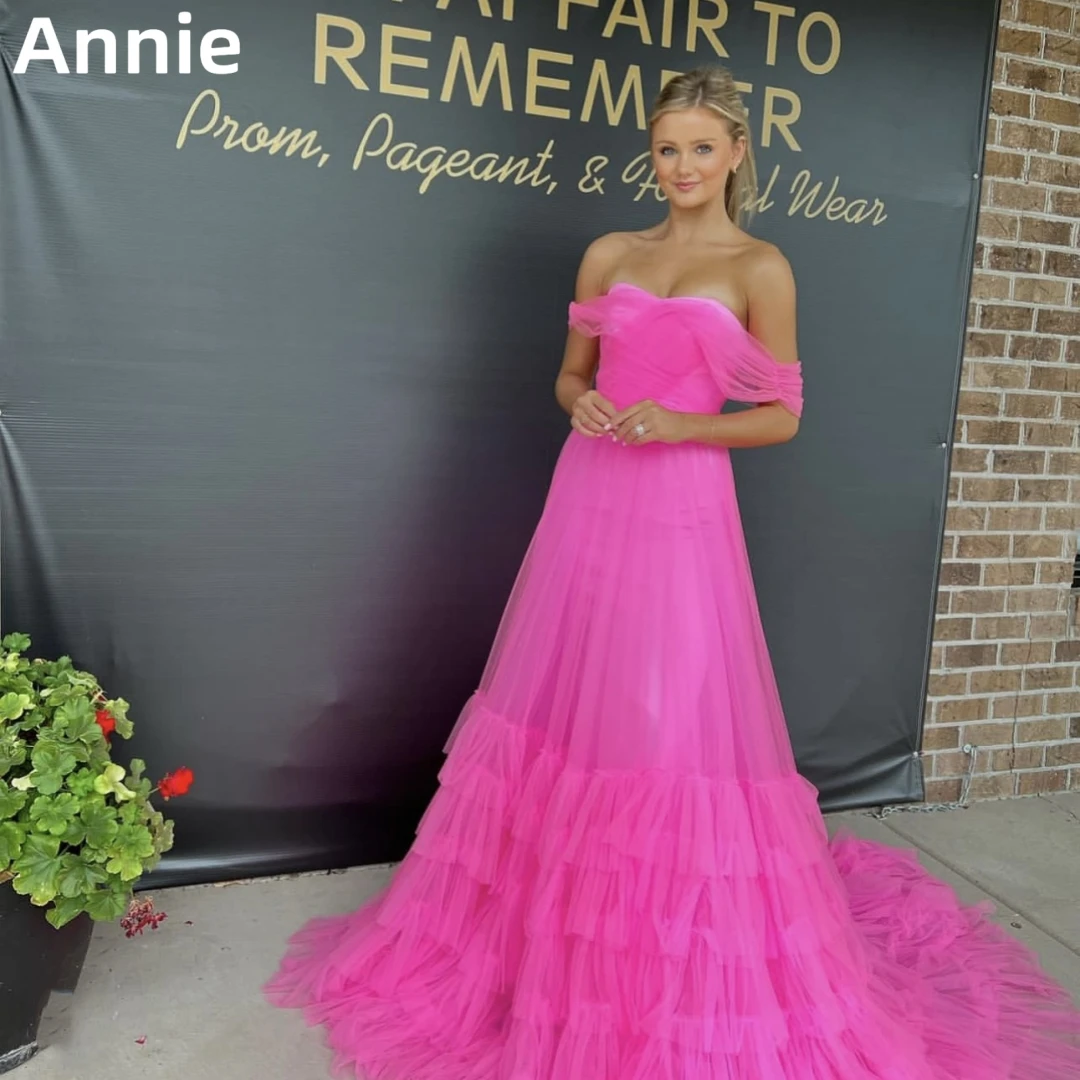 Elegant Lady Prom Dresses Pink Off The Shoulder Evening Dress فساتين السهرة Multiple Layers Of Tulle Formal Occasion Party Dress