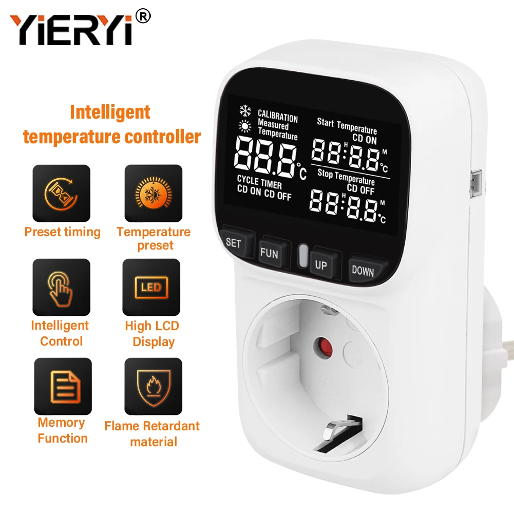 Yieryi Temperature Socket with 2 M Probe Line LED Digital Smart Socket Thermostat for Greenhouses Reptile Kennels Aquariums Home