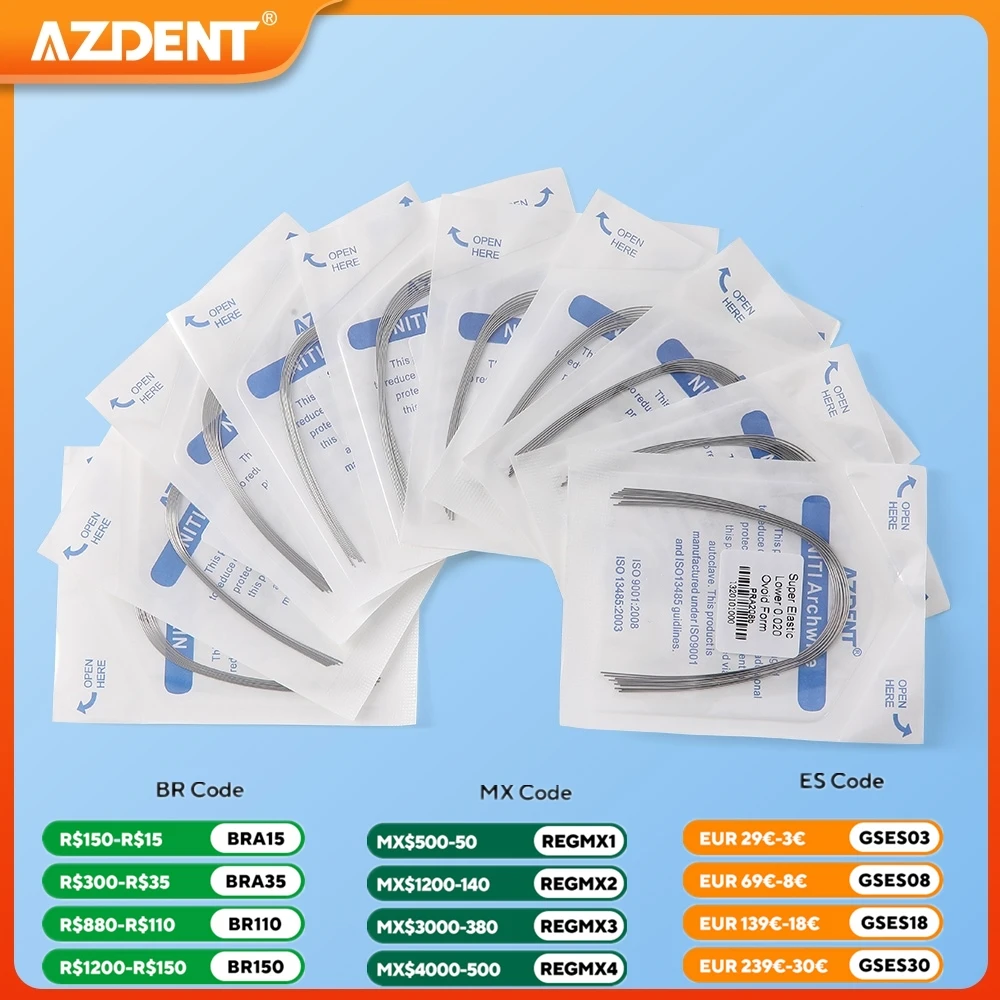 10 pacotes de fios de arco ortodôntico dental azdent super elástico niti redondo retangular forma ovoide arco superior inferior odontologia