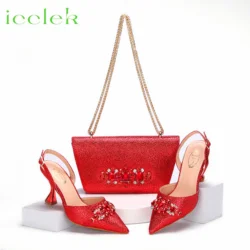 Red Color Sandals for Women 2024 Luxury Wedding Pumps High Heels Rhinestone Design Party Shoes and Bags Set for Wedding Party