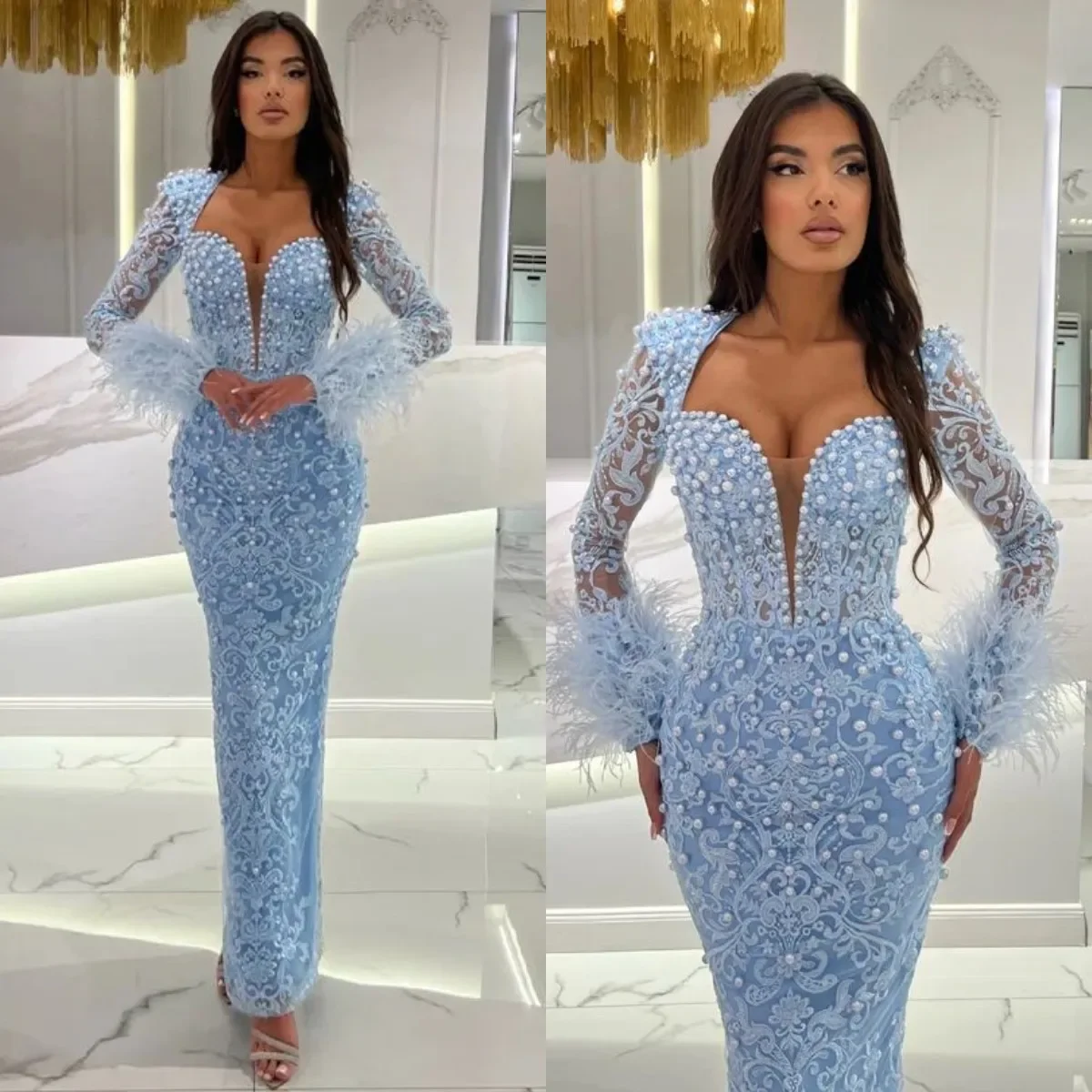 Gorgeous Pearls Blue Mermaid Evening Dresses Lace Applique Long Sleeves Prom Dress feathers Cuff Formal Fresses For Customized