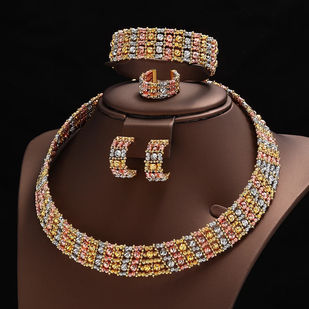 

HIBRIDE 2025 new simple feminine gold color jewelry necklace earrings bracelet set for wedding dress party gift S-964