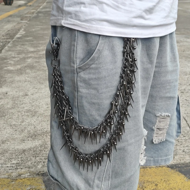 New Model Punk Hip Hop Black Gun Plated Double-layer Rivet Metal Biker Pants Chain Male Woman Fashion Rock And Roll Accessories