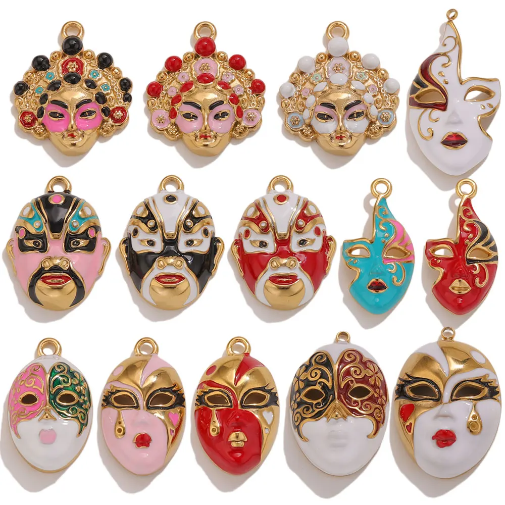 1 Stück Edelstahl-Emaille-Anhänger für die Schmuckherstellung, DIY Peking-Oper-Masken-Anhänger für Ohrringe, Halsketten, Charm-Zubehörteile – Detail 1