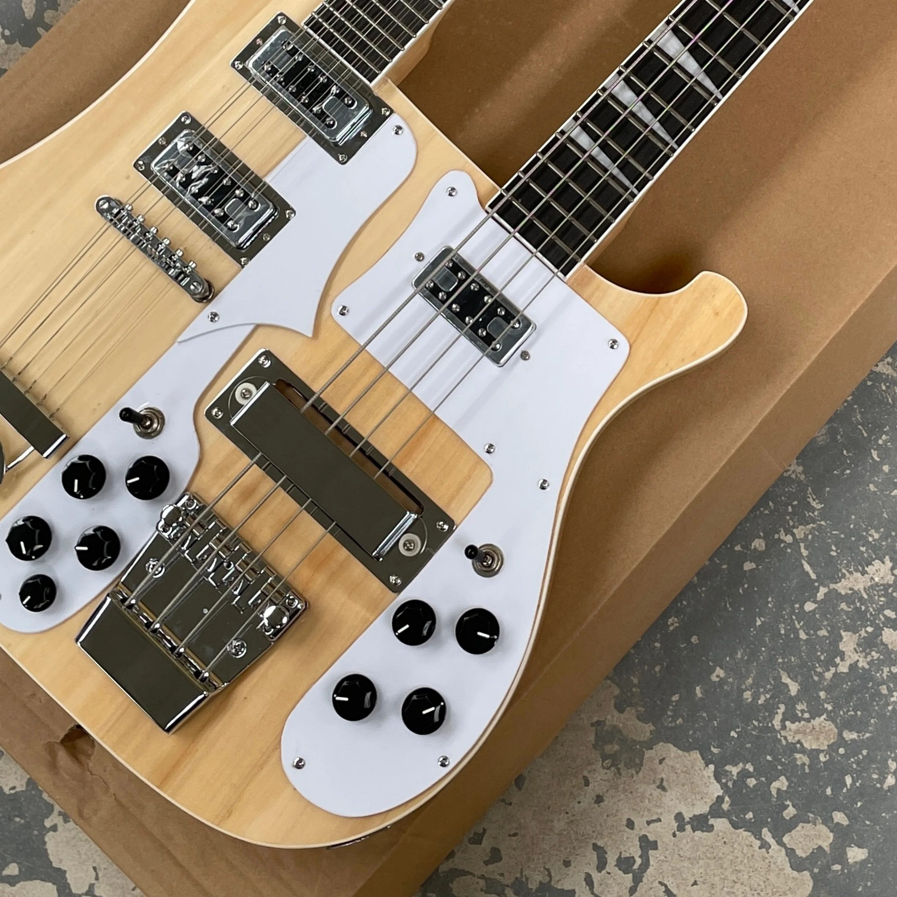 Natural wood color 12+4double-headed electric bassguitar,independent volume control,rosewood fingerboardguitars,premium guitarra