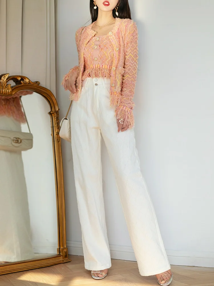 

Брюки ReVe High-End White Jade: универсальные, с длинными штанинами, с эффектом перьев, облегающие, широкие, с высокой талией, повседневные, прямые джинсы