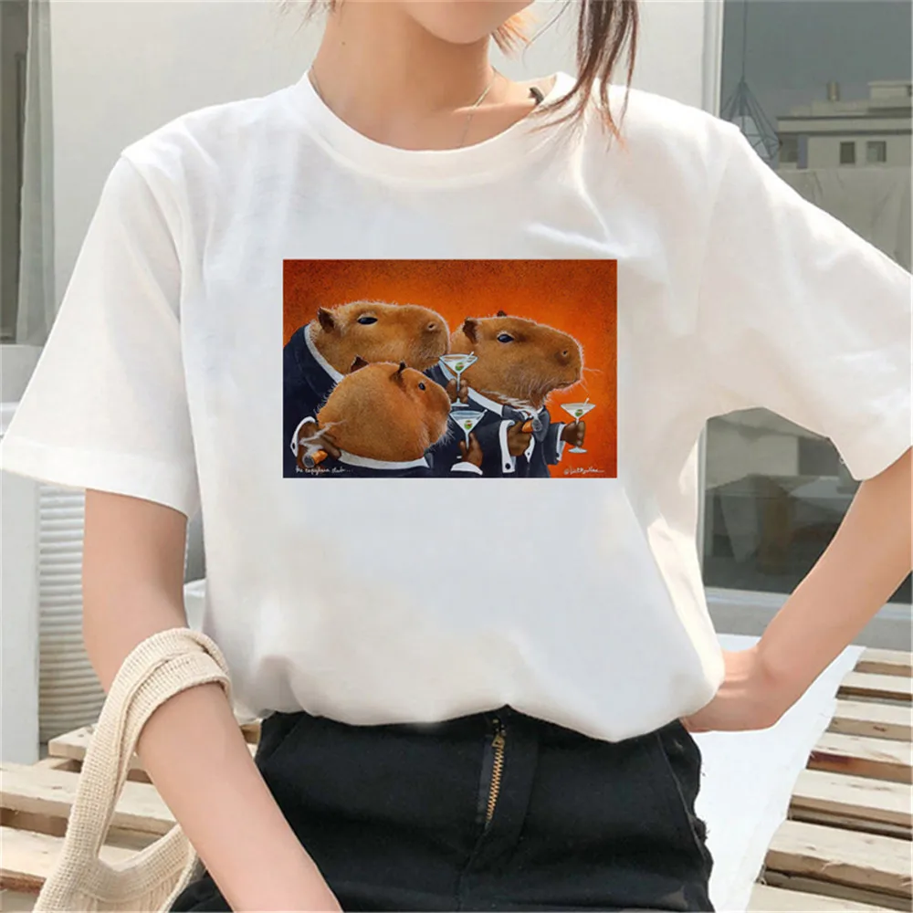 HX Cartoon Animals T-Shirt Capybara Bird Stickers Printed T-Shirt Summer Short Sleeve Tees Streetwear Women Tops S-7XL