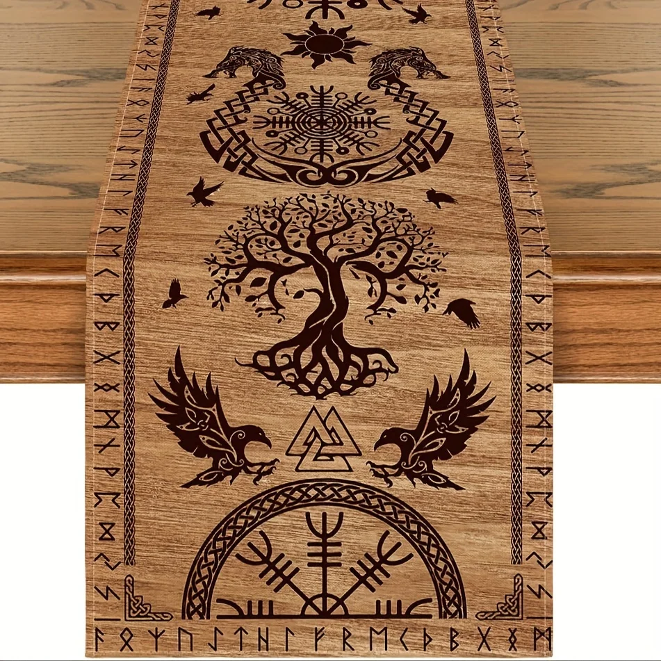 1 Piece Wooden Viking Tree of Life Raven Helmet Table Flag, Suitable for Farmhouse, Indoor, Kitchen, Celebrations, Table Decoration, Restaurant, and Banquet Decoration Supplies