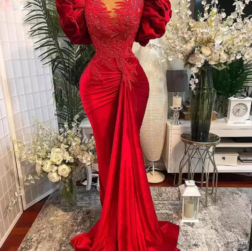 Velvet Red Evening Dresses For Women Mermaid Ruby Pearls Appliques Beading Formal Party Prom Gowns Pleat Vestido De Fiesta