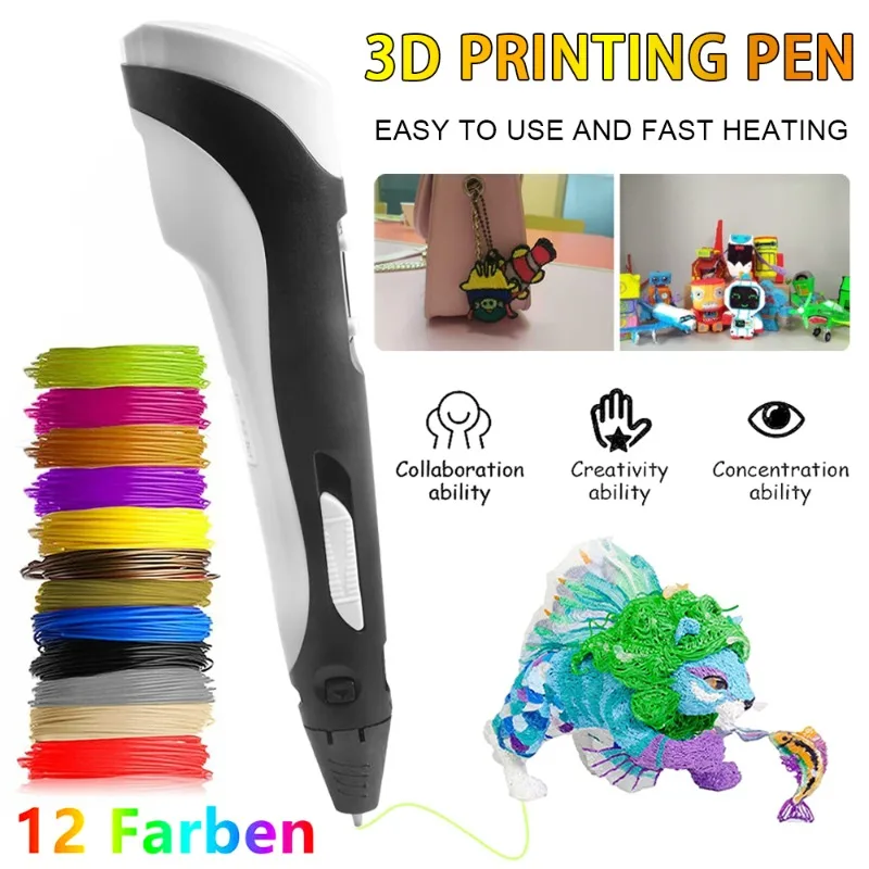 Lernspielzeug-Stift, Praktisches Aktivitätsset und 3D-Druckstift-Set: Enthält 12 Filamentfarben – Fördert Kreativität und entwickelt praktische Fähigkeiten