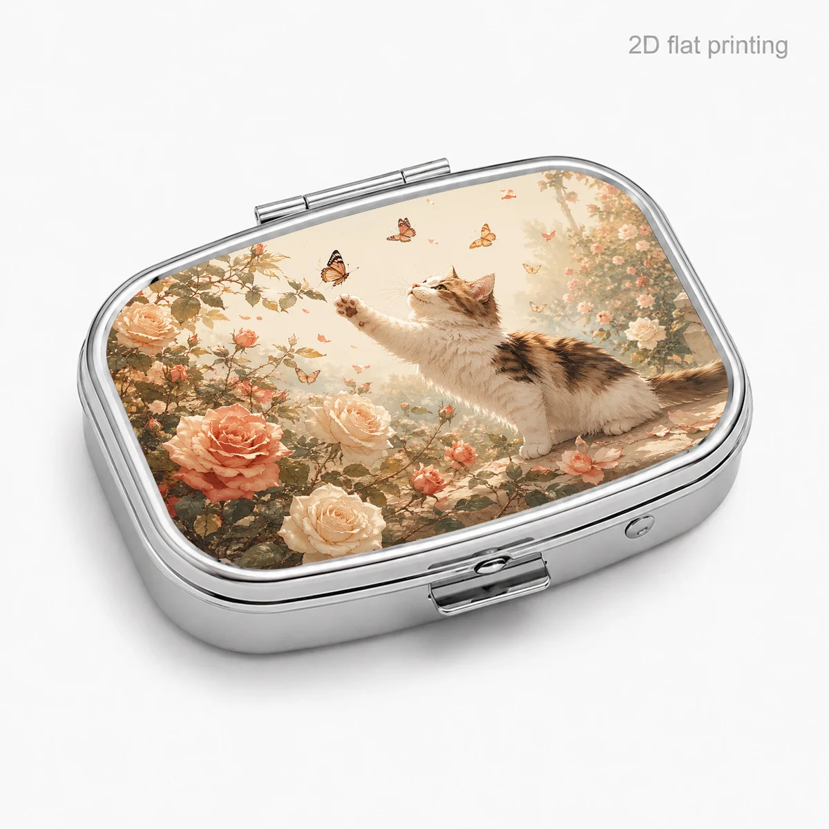 Pill Box with Cat Paw Reaching Out to Touch a Butterfly in the Air Illustration, a Dynamic Garden-Themed Portable Safety Box for Organizing Small Particles, a Thoughtful, Exquisite, Lightweight, Convenient, Creative, Trendy Gift, a Must-Have Item for Home and Outdoor Use, a Personal Pill Organizer for Long-Distance Travel.