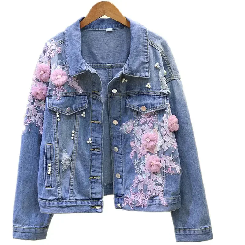 

Women Floral Short Denim Jacket 2025 Lady Elegant Single Breasted Slim Jeans Coat Spring Autumn Outwear Basic Jacket