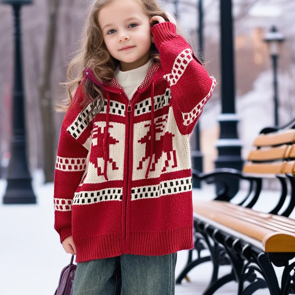 

Новинка 2025 года, кардиган с капюшоном для девочек, рождественский жаккардовый вязаный свитер, пальто для детей, утепленная теплая зимняя куртка, школьная верхняя одежда для подростков