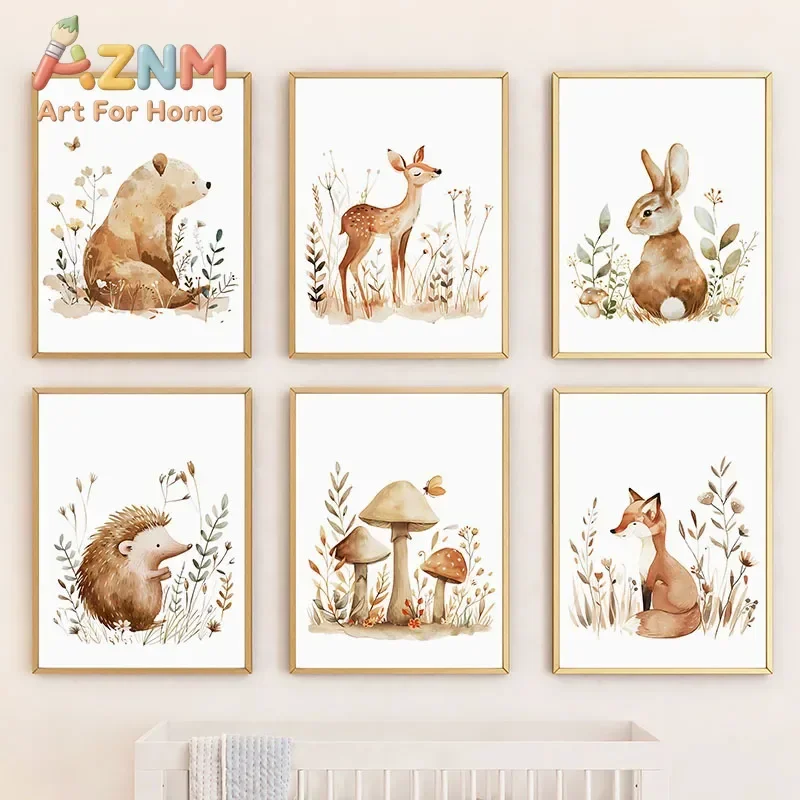 Bear Fox Rabbit Deer Hedgehog Mushroom Leaves Nursery Wall Art Posters Canvas Painting Prints Pictures for Baby Kids Room Decor