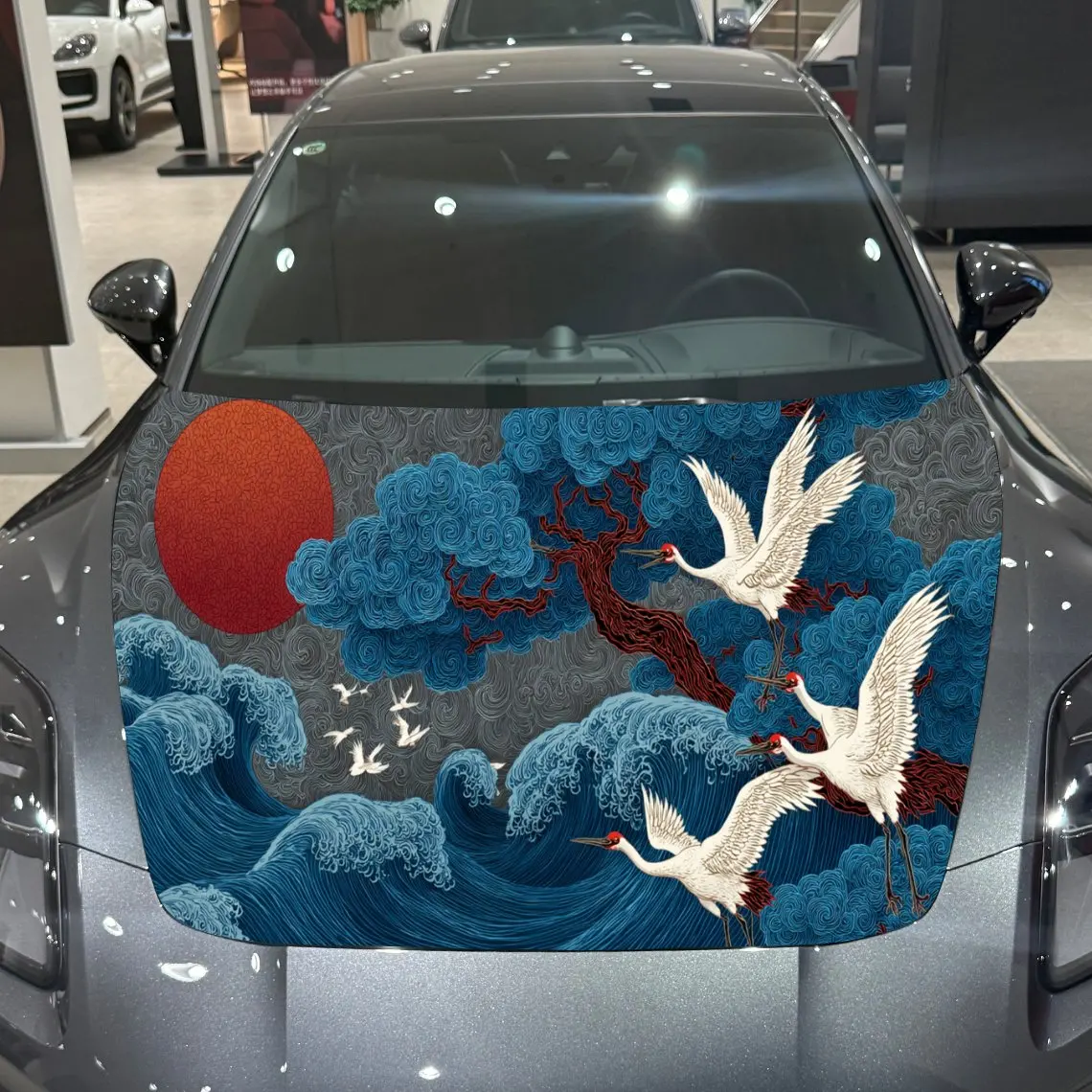 

Japanese Crane Red Sun Ukiyo-e PVC Car Hood Wraps, Self-Adhesive Waterproof Car Bonnet Decal Sticker, Car Decoration Protection