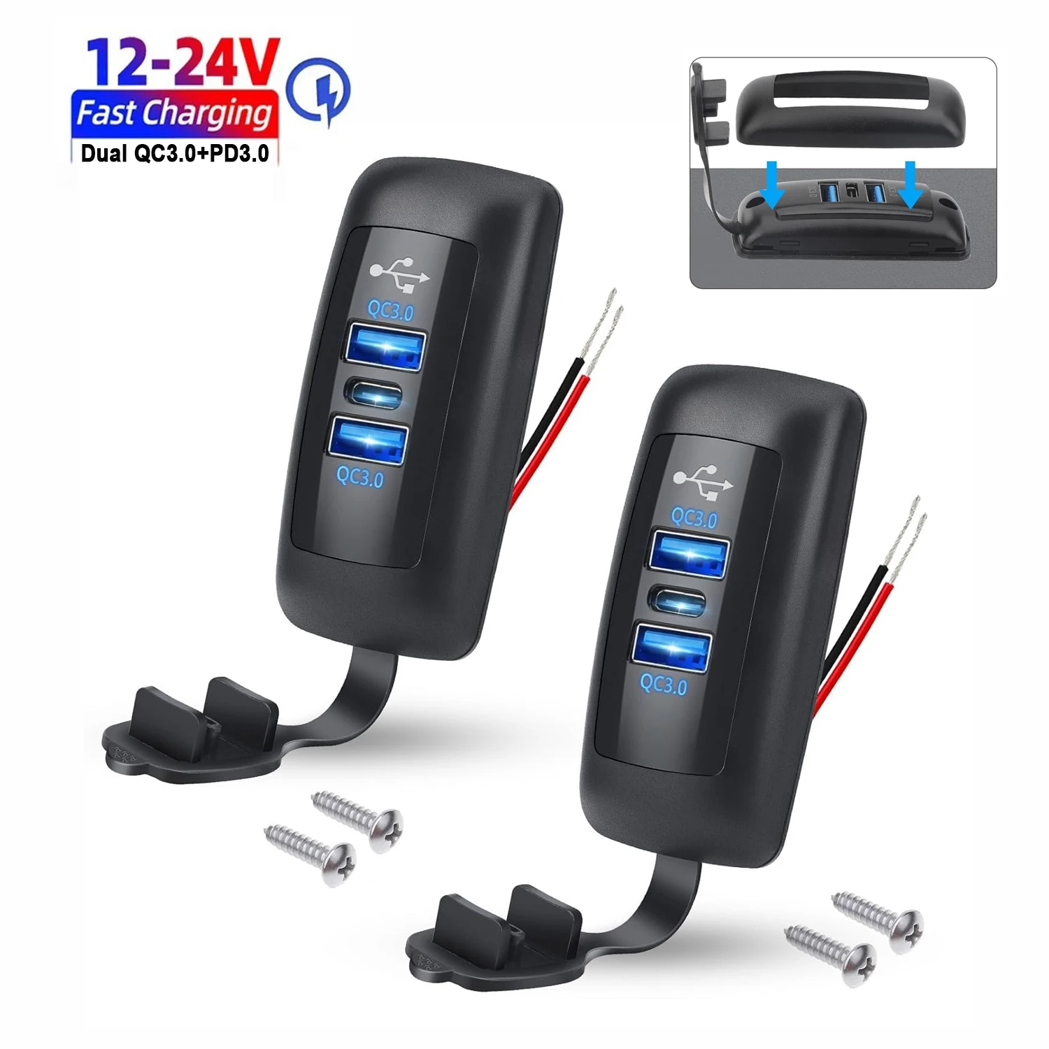 1/2 Stück 3-Ports Schnellladegerät 12 V/24 V RV USB-Steckdose Dual QC3.0 + PD3.0 Autoladegerät Steckdosenpanel wasserdicht für Auto Bus RV LKW