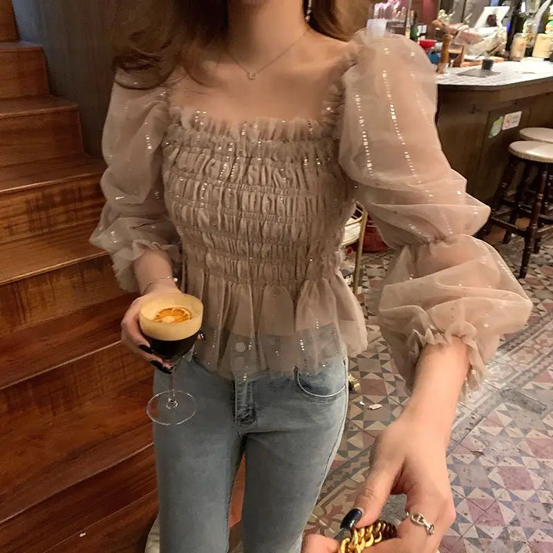 Summer Korean Slash Neck Pleated Slim Women\'s Clothing Ladies Solid Color Long Sleeve T-Shirts 2024 New Pullovers Women Clothing