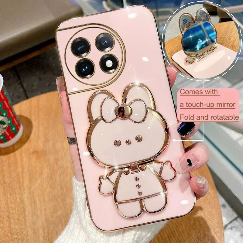 Rabbit Mirror Bracket Phone Case For Oneplus 11 11R 10 10R 10T 9R 9RT 9 8T 8 7 7T Pro NORD 2 5G Plating Holder Silicone Cover