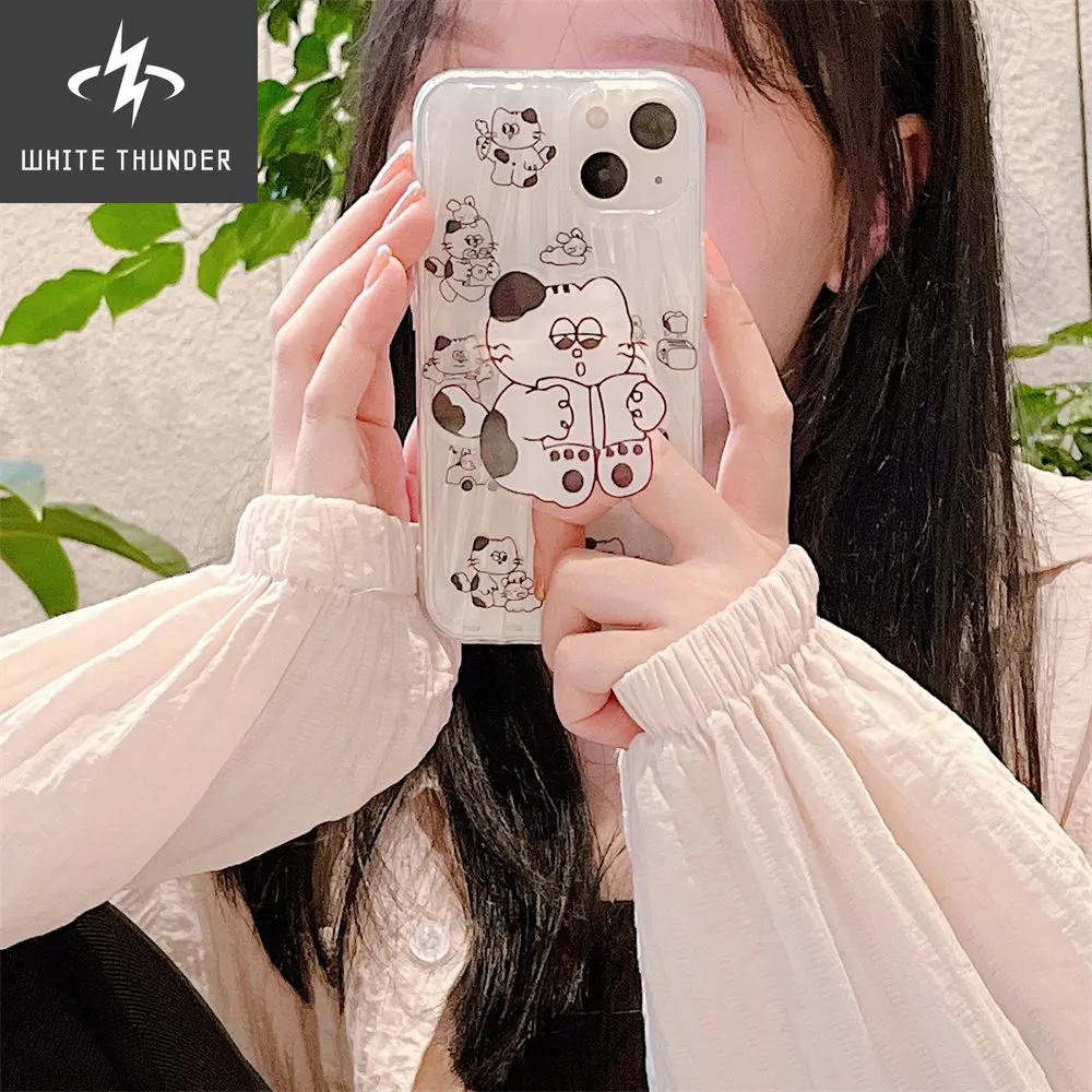 Cute Reading Cat Brushing Bear Bracket Folds Clear Soft Phone Case For IPhone 12 11 13 Pro Max 11 12 13 PRO Protective Cover