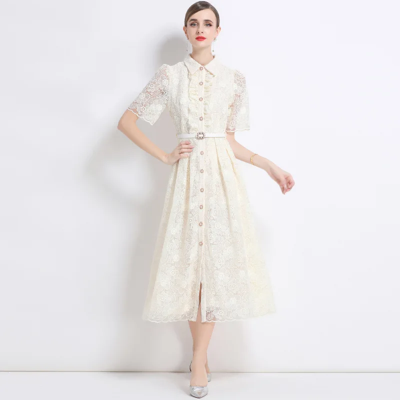 Ele Street Sle Spódnica Midi z Koronkowym Haftem, Rozkloszowany Dół, Wysoki Stan, Linia A, Poliester, Dzianina