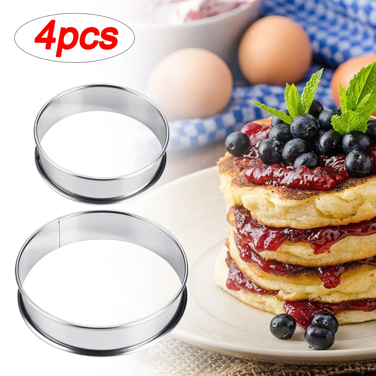 

4 Pieces Stainless Steel Baking Circle Cooking Rings Cookie Molds Circle Egg Ring 10cm/8cm Double Rolled Muffin Ring Kitchen