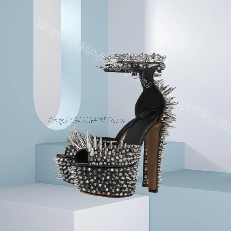 

Black Rivet Decor Chunky Heels Sandals Peep Toe Platform British Style Summer for Women Personality Sandals Zapatos Para Mujere
