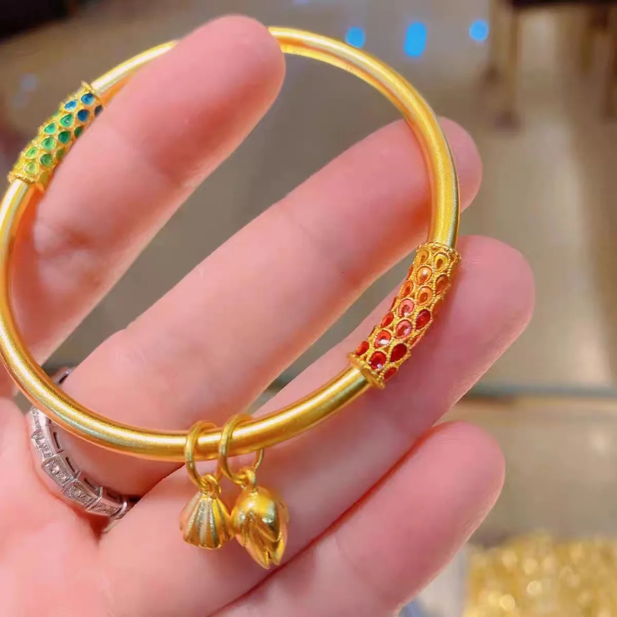 Women's 24K Gold (AU999) Peacock Two-Life Bracelet Faceted Double Cuff,  Feather Eyes with Turquoise Accents