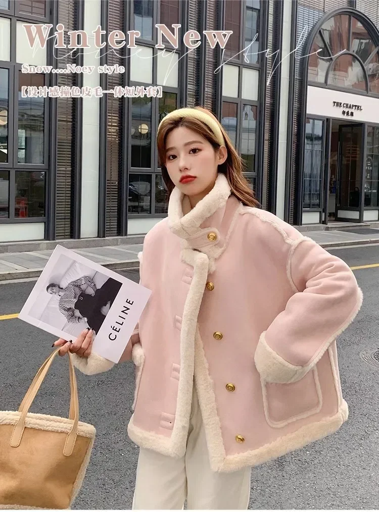 Winter Lambswool Parkas Women Double Side Wear Thick Fleece Coat Female Korean Fashion Cute Preppy Style Single Breasted Jacket