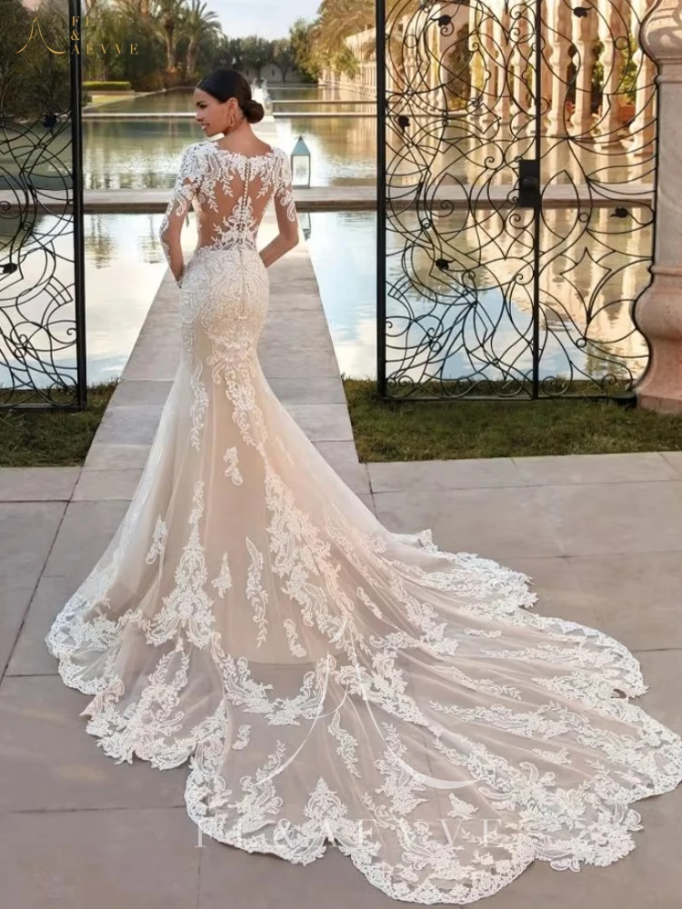 فستان زفاف FL&AEVVE Boho شفاف حورية البحر مع دانتيل كلاسيكي مزين بأكمام طويلة فستان زفاف أنيق لحفلات الزفاف #3