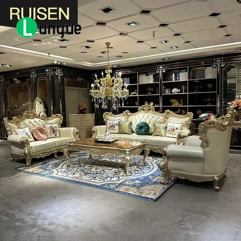 French Retro Carved Wood Frame Leather Sofa Set Luxury Villa Mansion Furniture Elegant Living Room Decor High Quality Comfort