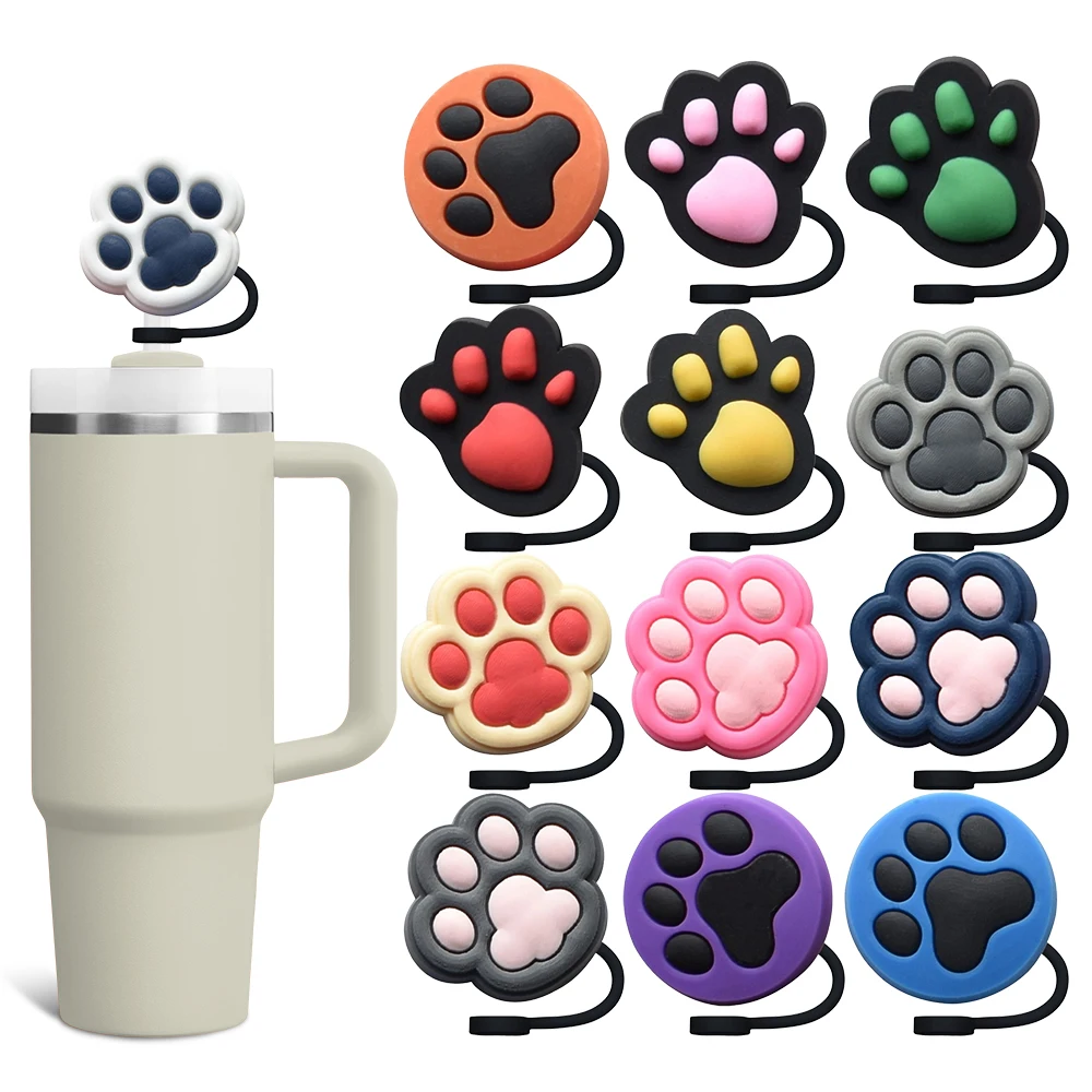 

Cat Paw Print Straw Cover Cap 10MM Silicone Eco-friendly Straw Plug Splash Proof Drinking Cup Charms Pendent Party Gift