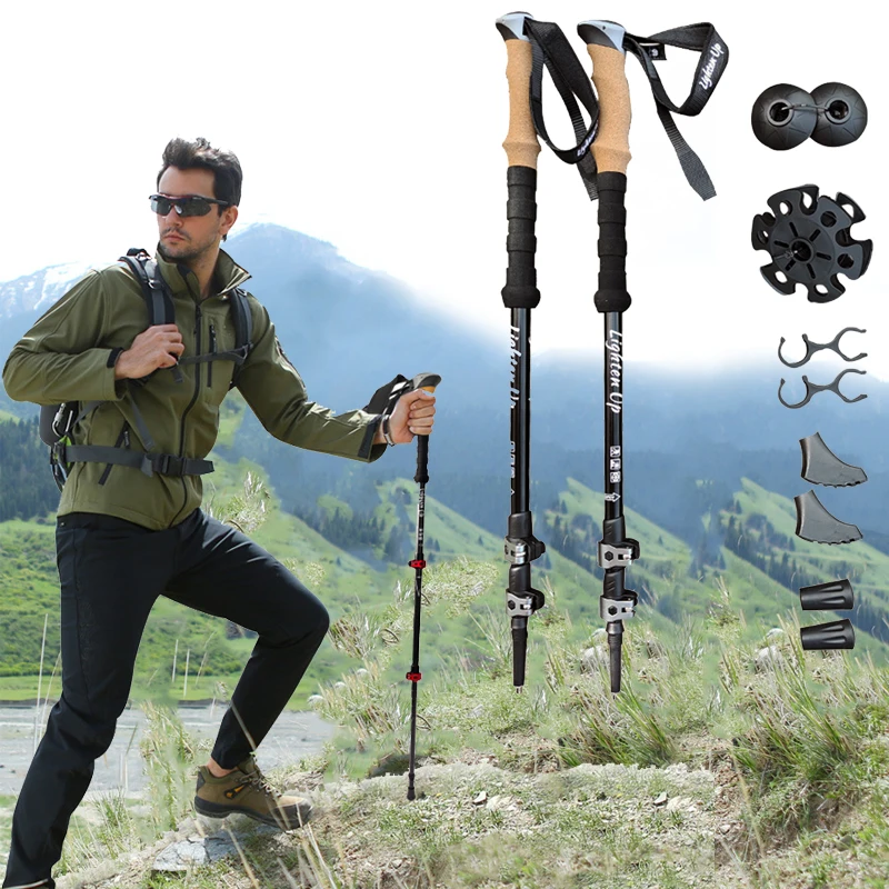 2Pcs Ultra-light Trekking Poles Telescopic Folding Poles Mountaineering Staffs Aluminum Alloy Cork Auxiliary Walking Sticks