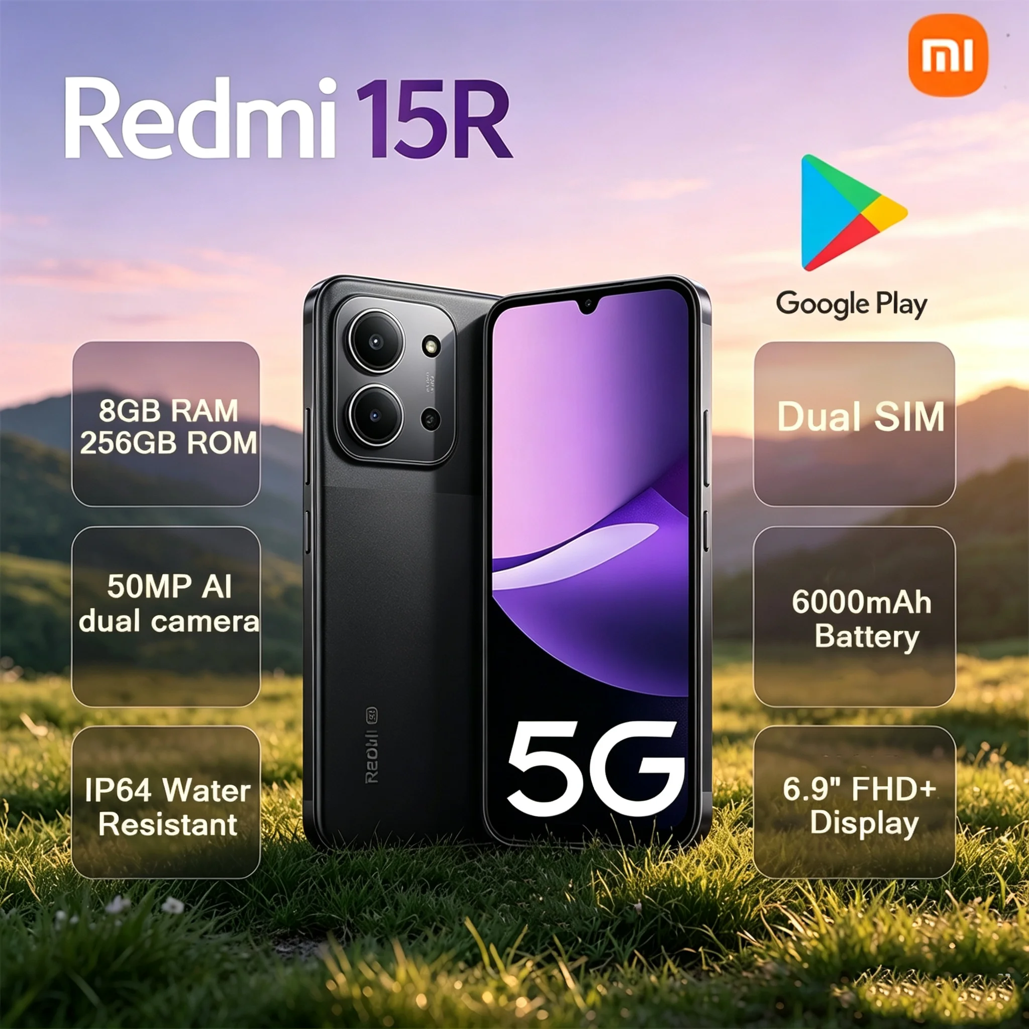 Xiaomi Redmi 15R Unlocked Android 5G Smartphone 6.9 Inch 120Hz LCD Screen 50MP| 6000mAh| 33W Dual SIM Dual Standby Mobile Phone