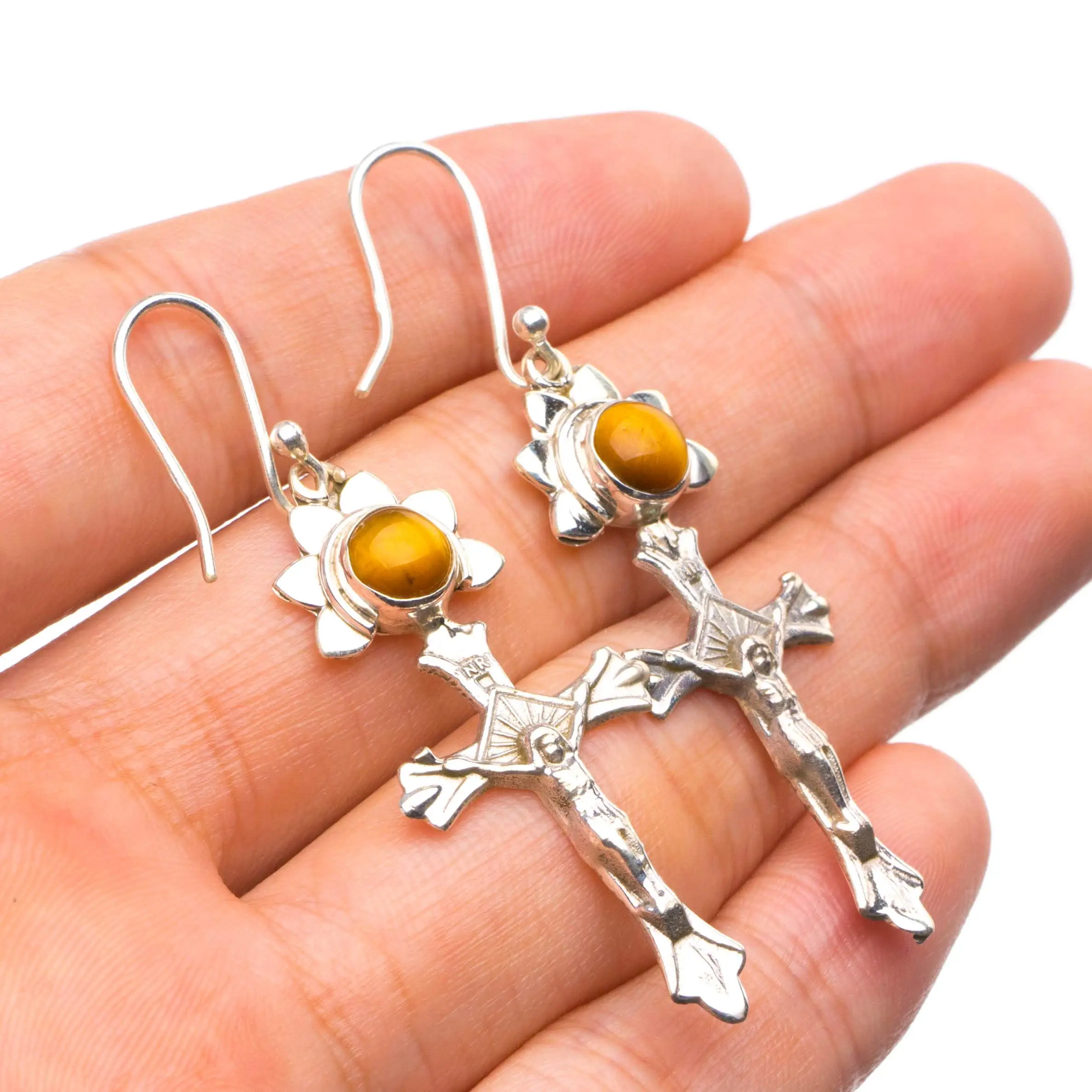 

StarGems® Natural Tiger Eye Handmade Unique Cross Shape 925 Sterling Silver Earrings 2.25" X4074