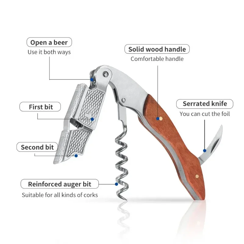 Stainless Steel and Wood 1pc Sommelier Waiter Corkscrew Spring Loaded Double Lever Wine Opener Bartender Accessory