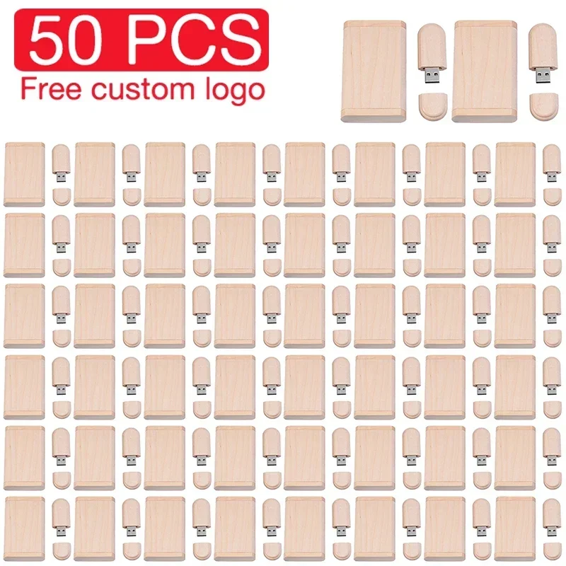 50 buah LOT Flash Drive USB 128GB gratis stik memori Logo kustom pena hadiah kreatif pernikahan 64GB Stik USB kayu Maple 32GB