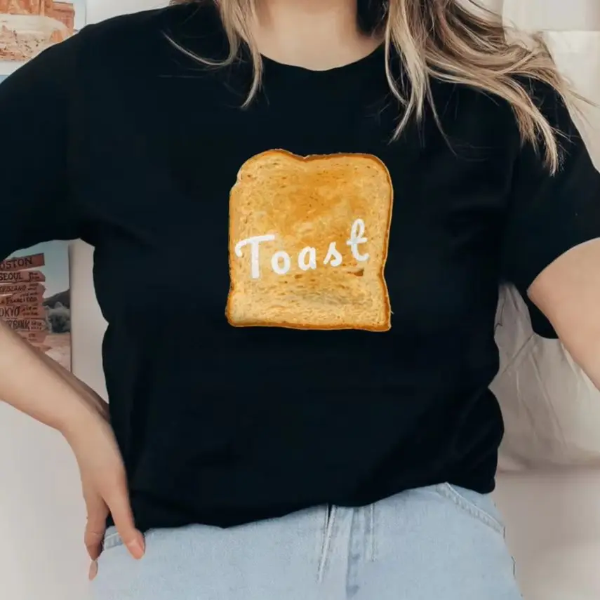 

Y2K Cotton Casual Women's T - Shirt, Short Sleeve Round Neck Fitted, Colorful Cute Cartoon Toast Bread Design, Funny & Unique