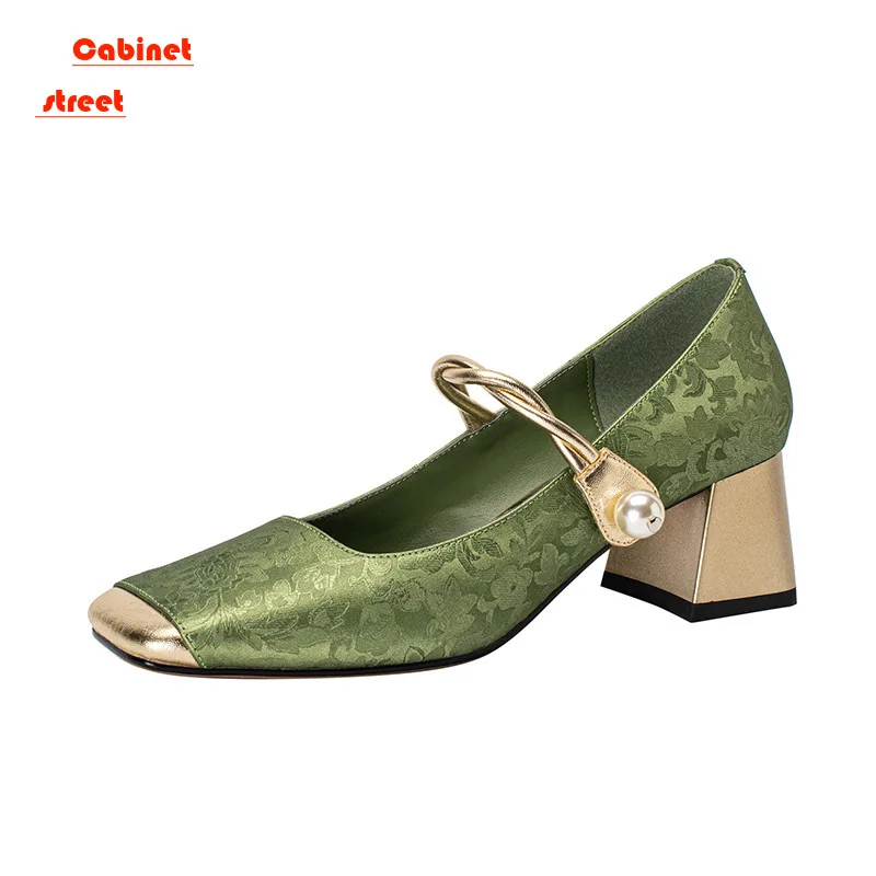 

New Chinese Pearl Line with High Heels Shallow Mouth Square Head Mary Jane Women's Shoes Embroidery Chinese Style Women Pumps