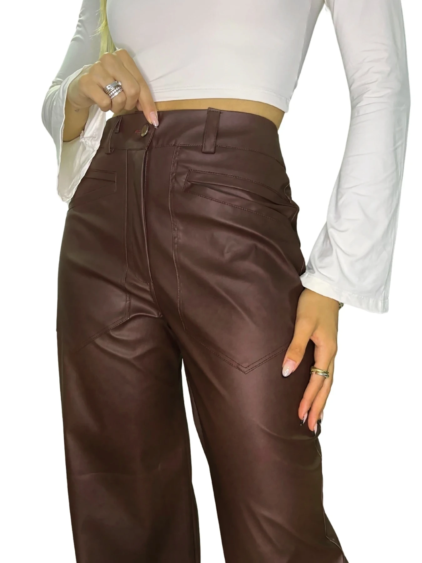 سراويل كاجوال وأنيقة، سراويل نسائية شابة، جيوب جانبية، سراويل عالية الخصر للتخسيس مستقيمة الساق 799 #4