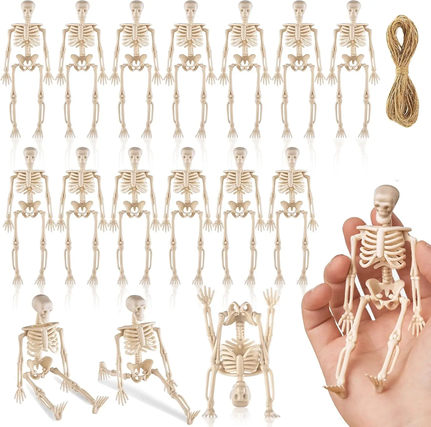 10pcs Halloween Mini Skeleton Figurine 6'' Posable Skeletons 360° Rotating Head & Legs Haunted House Accessories Party Favors