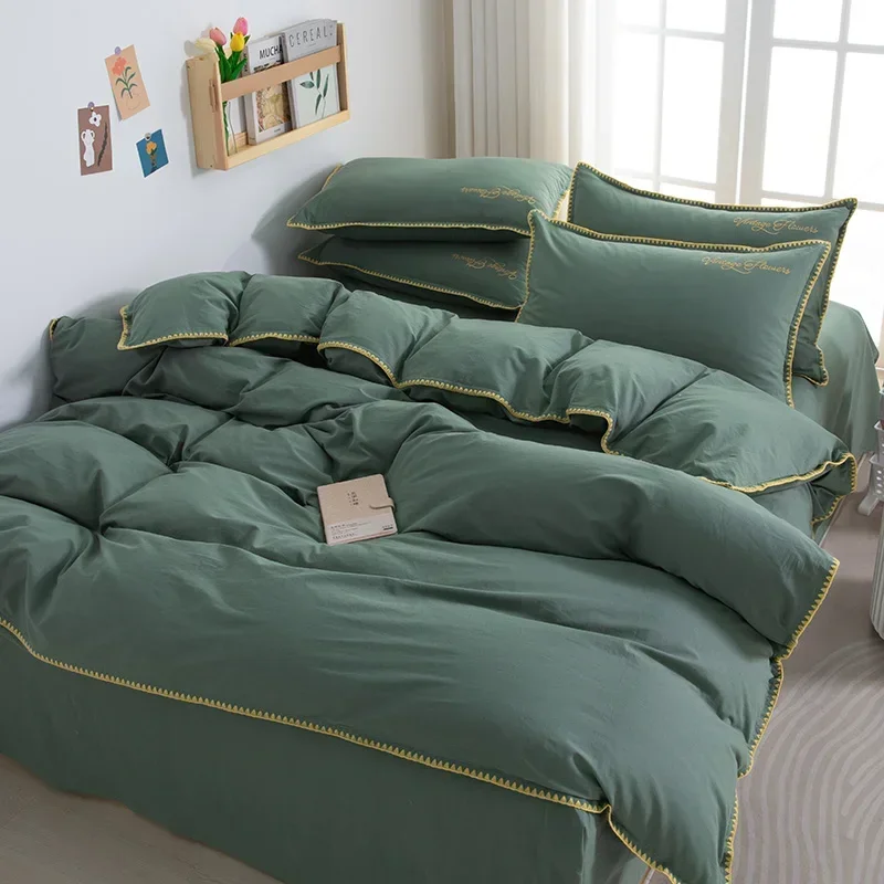 150/180/200CM Ink Green Water Wash Cotton Bed Sheet Duvet Cover Pillowcase Four-piece Spring Autumn Bedding Set M063-10