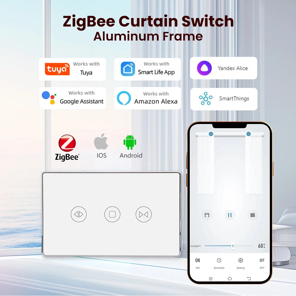 

Zigbee Curtains Blinds Switch Sliver Aluminum Frame Roller Shutters Motor Switch Backlight Google Home Alexa Smart Life