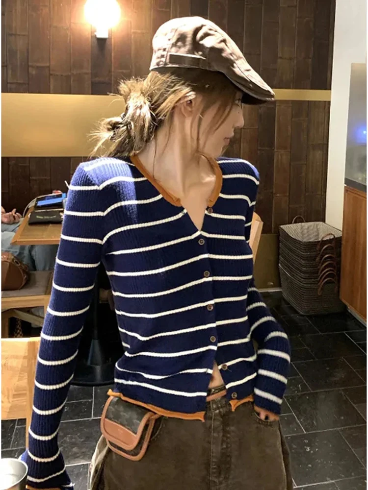 

Полосатый облегающий вязаный кардиган, женский винтажный осенний повседневный свитер с длинным рукавом и круглым вырезом, уличная одежда, топы в стиле Харадзюку в консервативном стиле