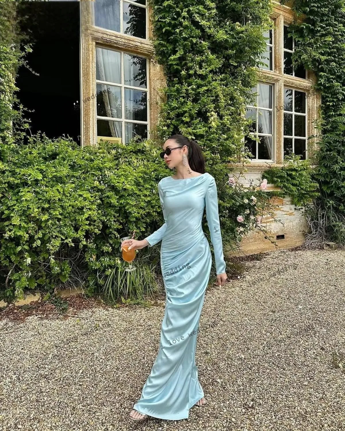 Vestidos de noite 2025 céu azul vestido de festa de casamento para mulher alta pescoço cetim manga longa ruched até o chão elegante personalizado