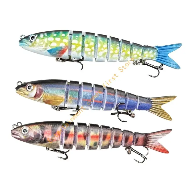 Segmented Fishing Tackle Set, 3 Fish-Shaped Articulated Attractors with Twin Three-Prong Hook Assemblies and Case 55KD