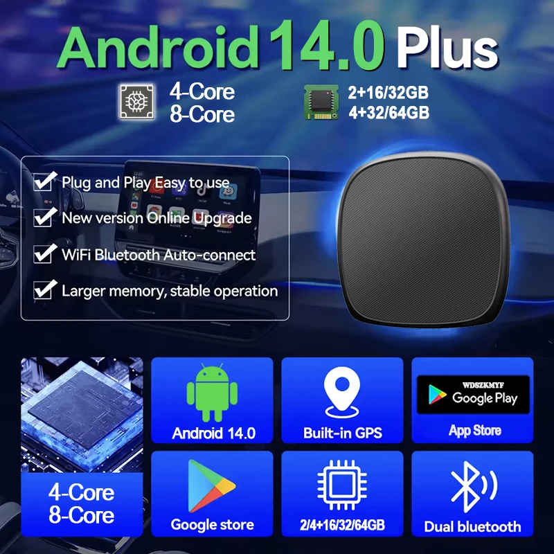 Novo carplay ai box 4/8-core android 14 sem fio carplay android auto 8 núcleos embutido play store para youtube netflix